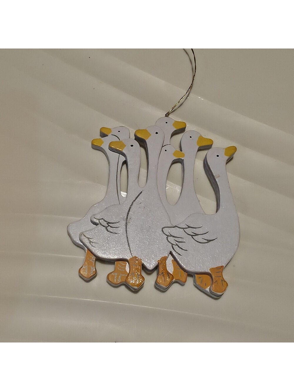 Kurt S. Adler 1988 Six Geese A-Laying White Wood Christmas Ornament, 4x3.25”